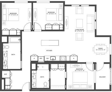 Floor plan for 3 beds, 2 baths, 1486 sqft